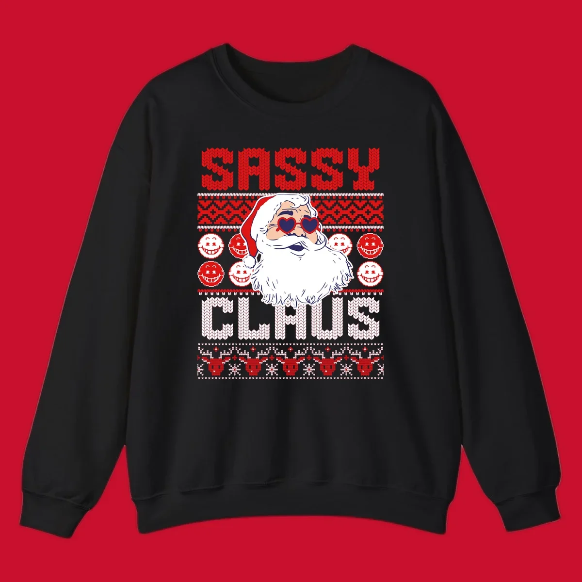 Sassy Santa Claus illustration with heart sunglasses and knitted text for a bold holiday statement.