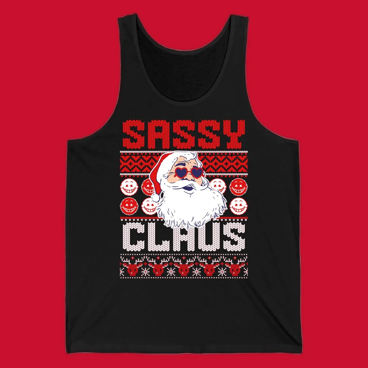 Sassy Santa Claus illustration with heart sunglasses and knitted text for a bold holiday statement.