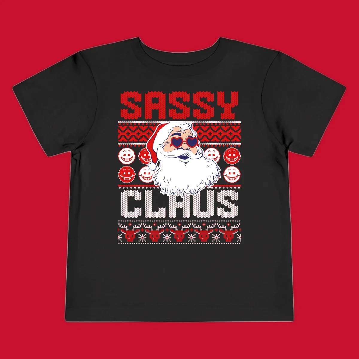 Sassy Santa Claus illustration with heart sunglasses and knitted text for a bold holiday statement.
