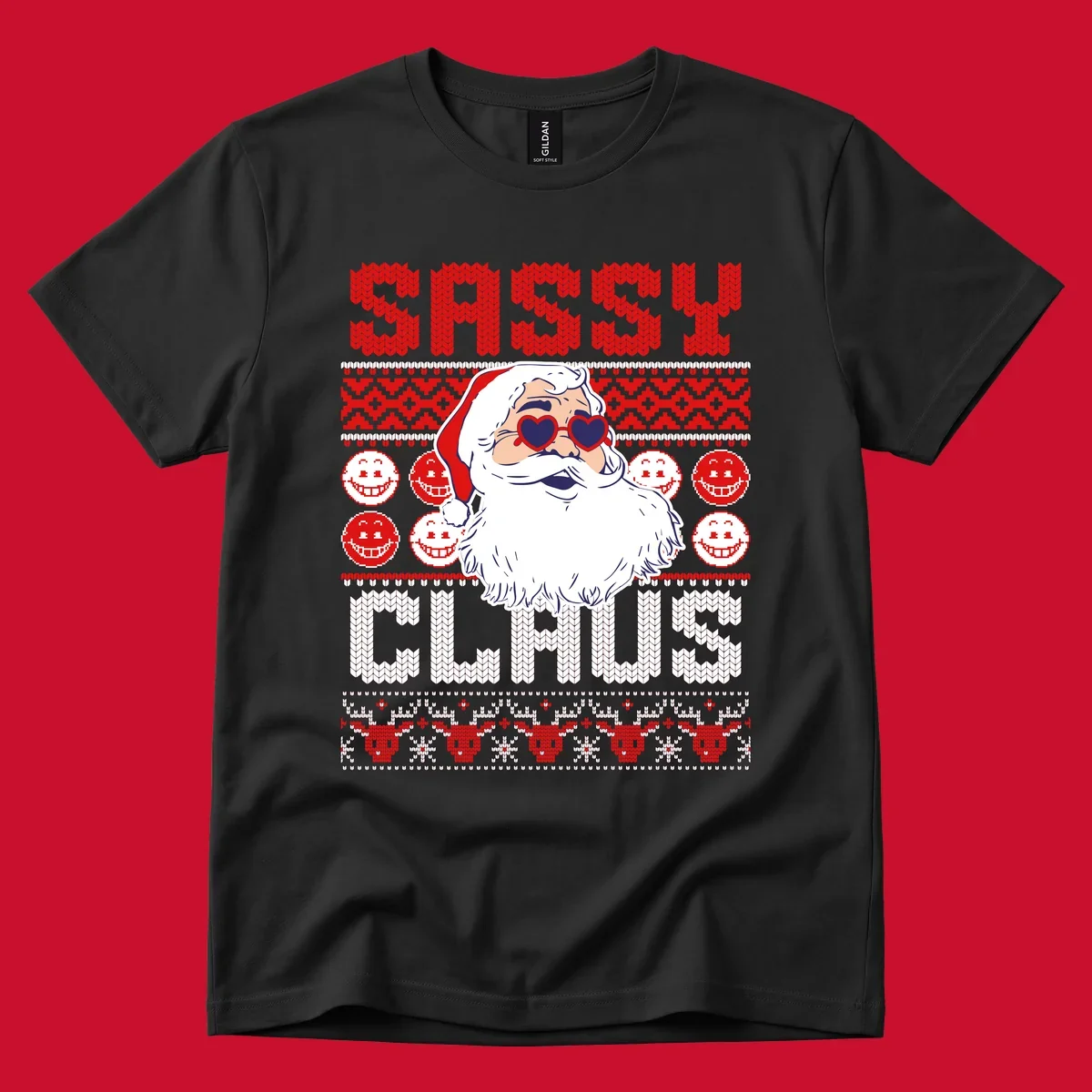 Sassy Santa Claus illustration with heart sunglasses and knitted text for a bold holiday statement.