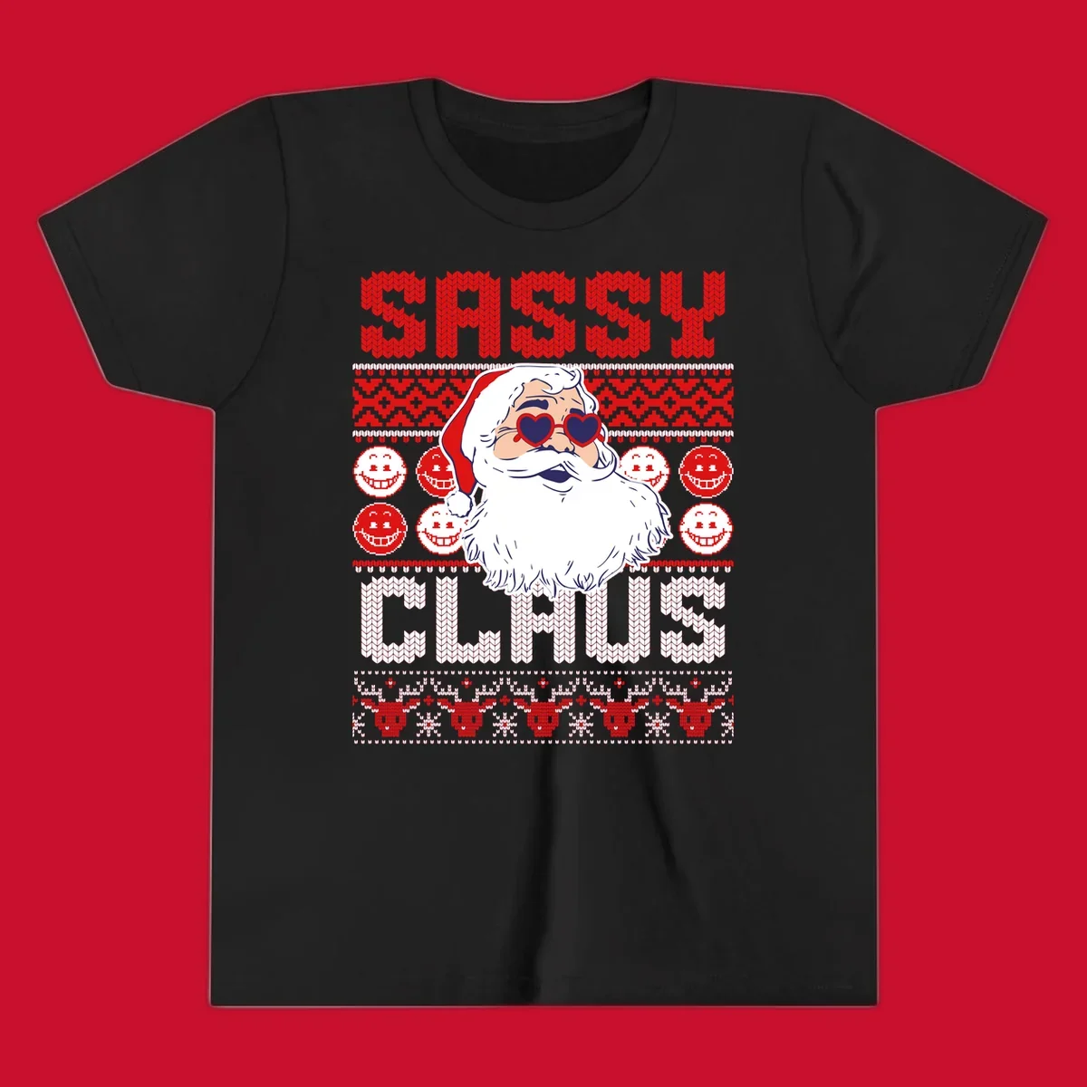 Sassy Santa Claus illustration with heart sunglasses and knitted text for a bold holiday statement.