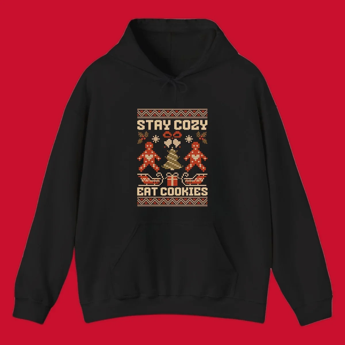 Ugly Christmas sweater design with text 'STAY COZY EAT COOKIES', gingerbread men, and festive holiday graphics.