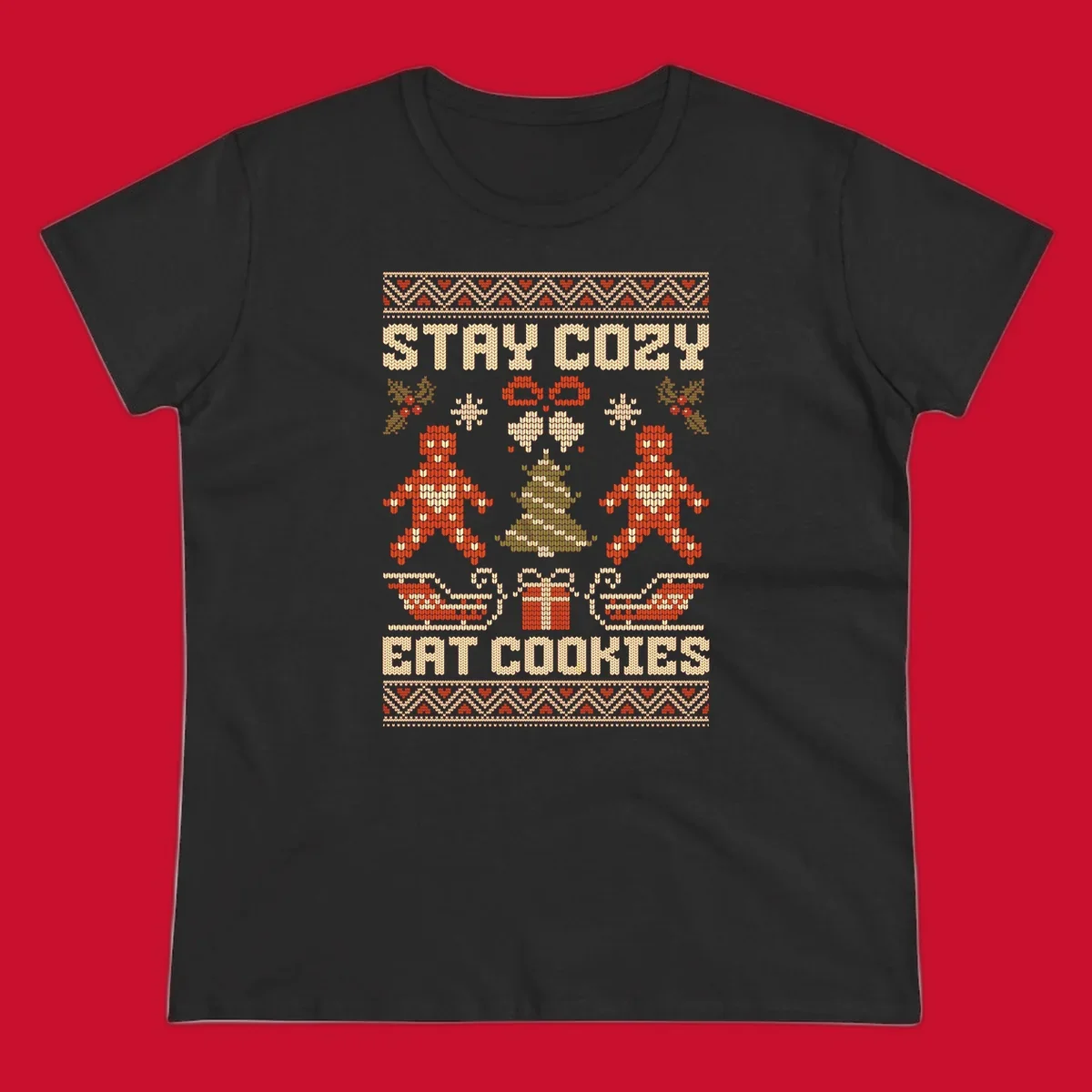 Ugly Christmas sweater design with text 'STAY COZY EAT COOKIES', gingerbread men, and festive holiday graphics.
