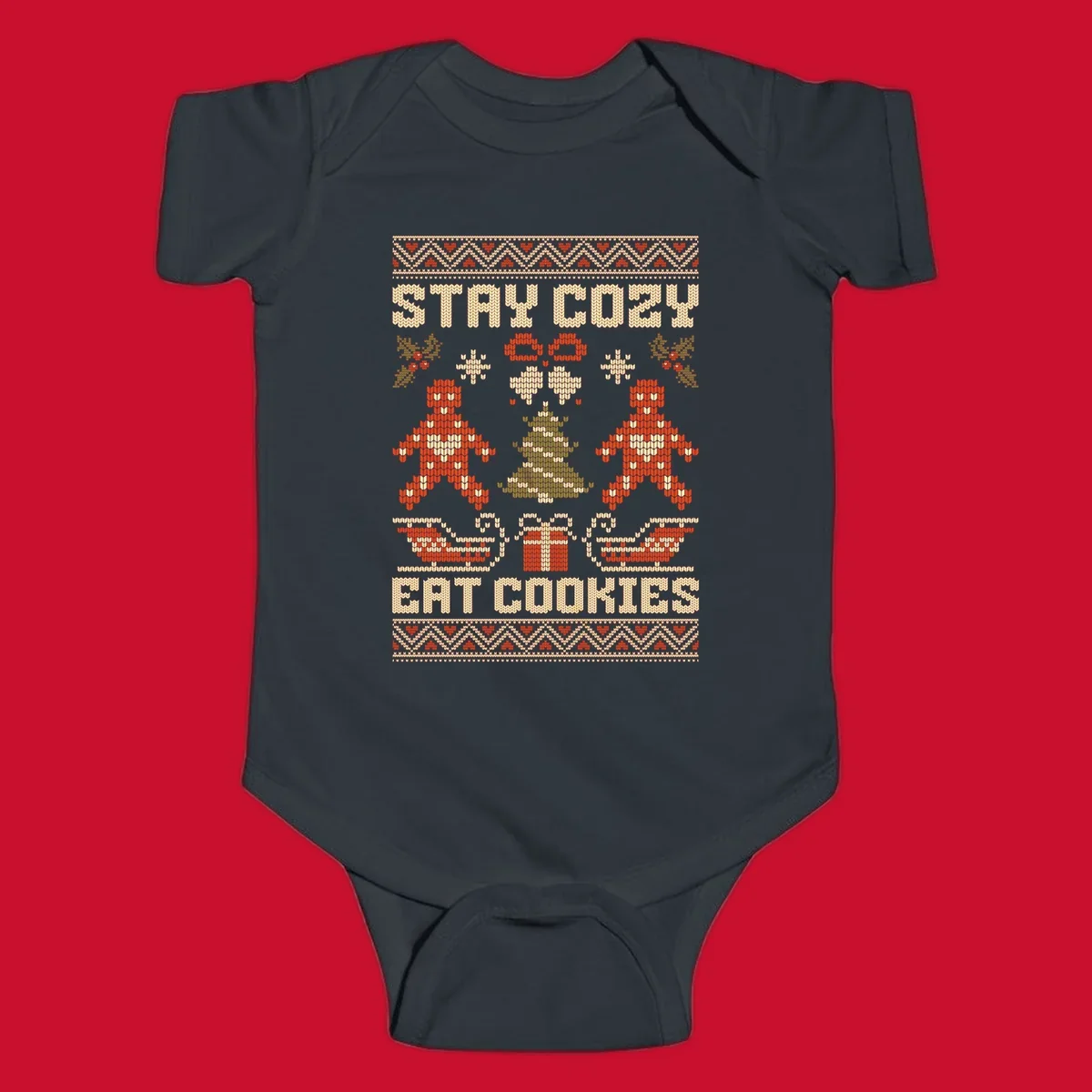 Ugly Christmas sweater design with text 'STAY COZY EAT COOKIES', gingerbread men, and festive holiday graphics.