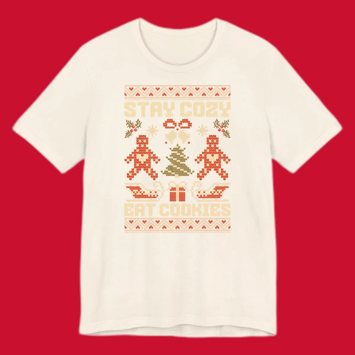 Ugly Christmas sweater design with text 'STAY COZY EAT COOKIES', gingerbread men, and festive holiday graphics.