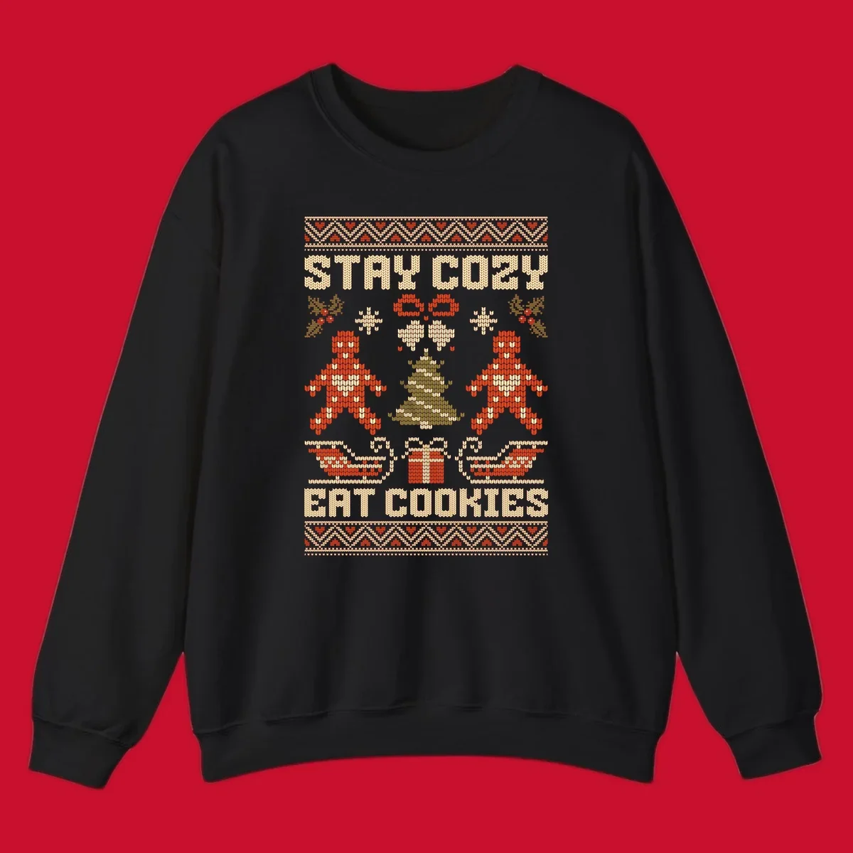 Ugly Christmas sweater design with text 'STAY COZY EAT COOKIES', gingerbread men, and festive holiday graphics.
