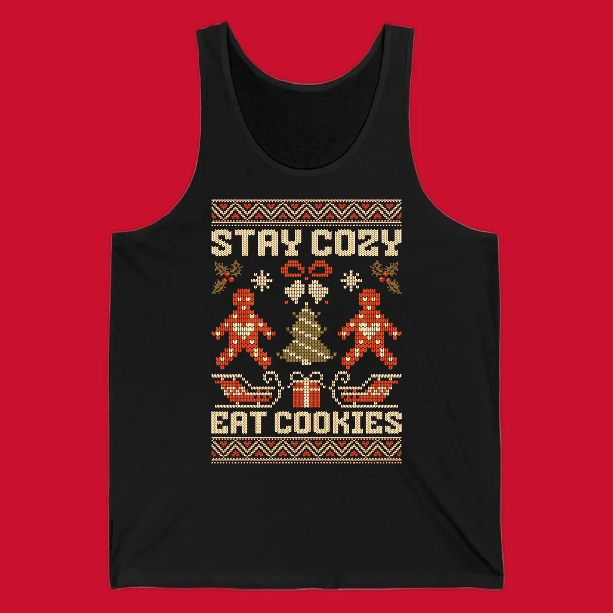 Ugly Christmas sweater design with text 'STAY COZY EAT COOKIES', gingerbread men, and festive holiday graphics.