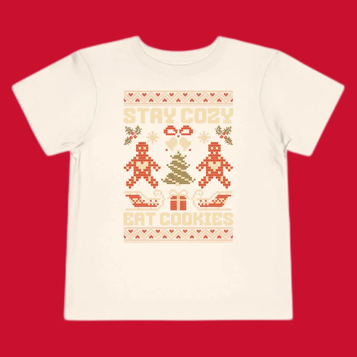 Ugly Christmas sweater design with text 'STAY COZY EAT COOKIES', gingerbread men, and festive holiday graphics.