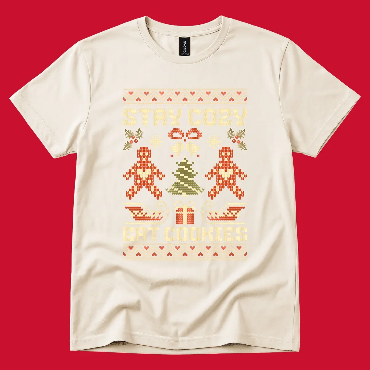 Ugly Christmas sweater design with text 'STAY COZY EAT COOKIES', gingerbread men, and festive holiday graphics.