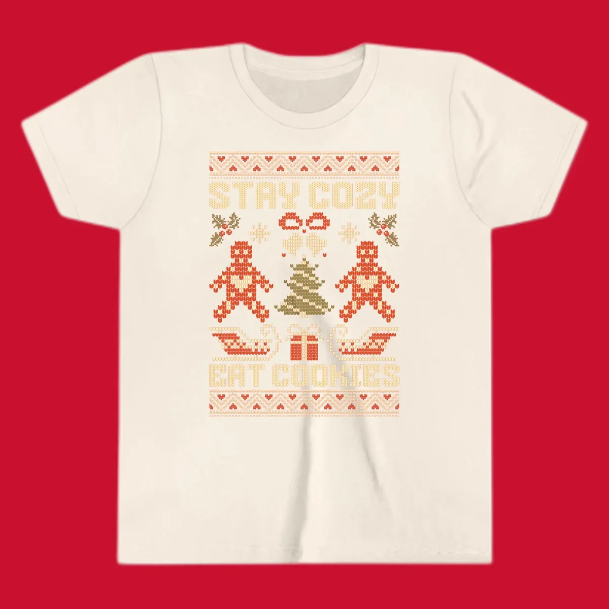Ugly Christmas sweater design with text 'STAY COZY EAT COOKIES', gingerbread men, and festive holiday graphics.