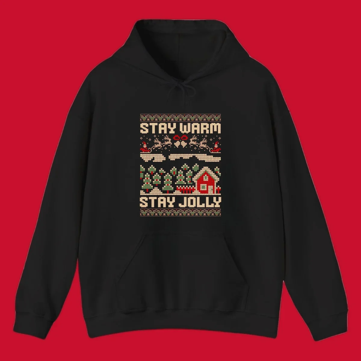 Ugly Christmas sweater style design with 'STAY WARM' and 'STAY JOLLY' text, Santa, reindeer, and trees.
