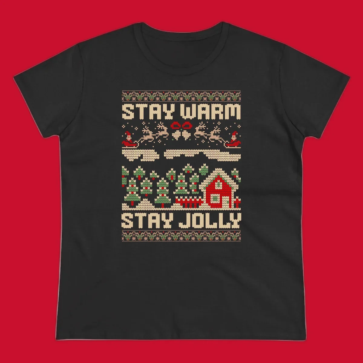 Ugly Christmas sweater style design with 'STAY WARM' and 'STAY JOLLY' text, Santa, reindeer, and trees.
