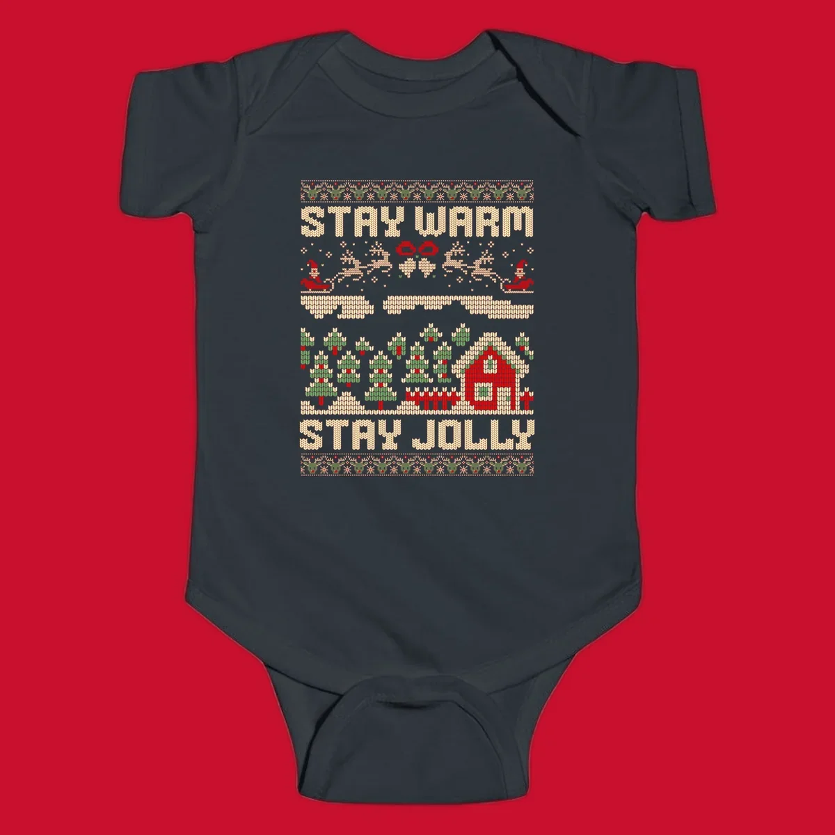 Ugly Christmas sweater style design with 'STAY WARM' and 'STAY JOLLY' text, Santa, reindeer, and trees.