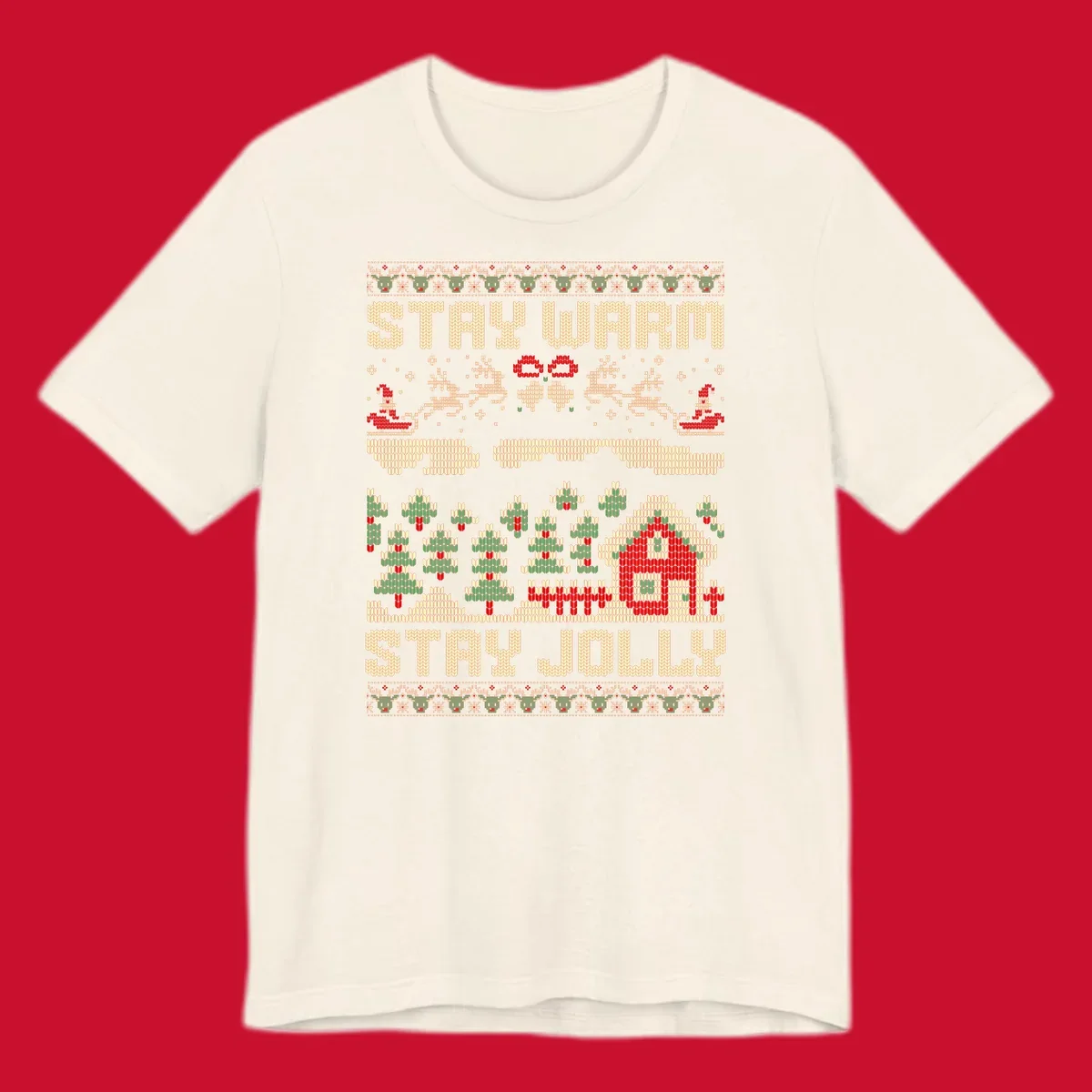 Ugly Christmas sweater style design with 'STAY WARM' and 'STAY JOLLY' text, Santa, reindeer, and trees.