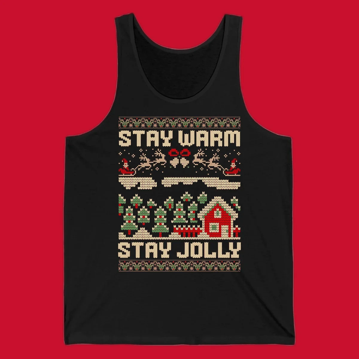 Ugly Christmas sweater style design with 'STAY WARM' and 'STAY JOLLY' text, Santa, reindeer, and trees.