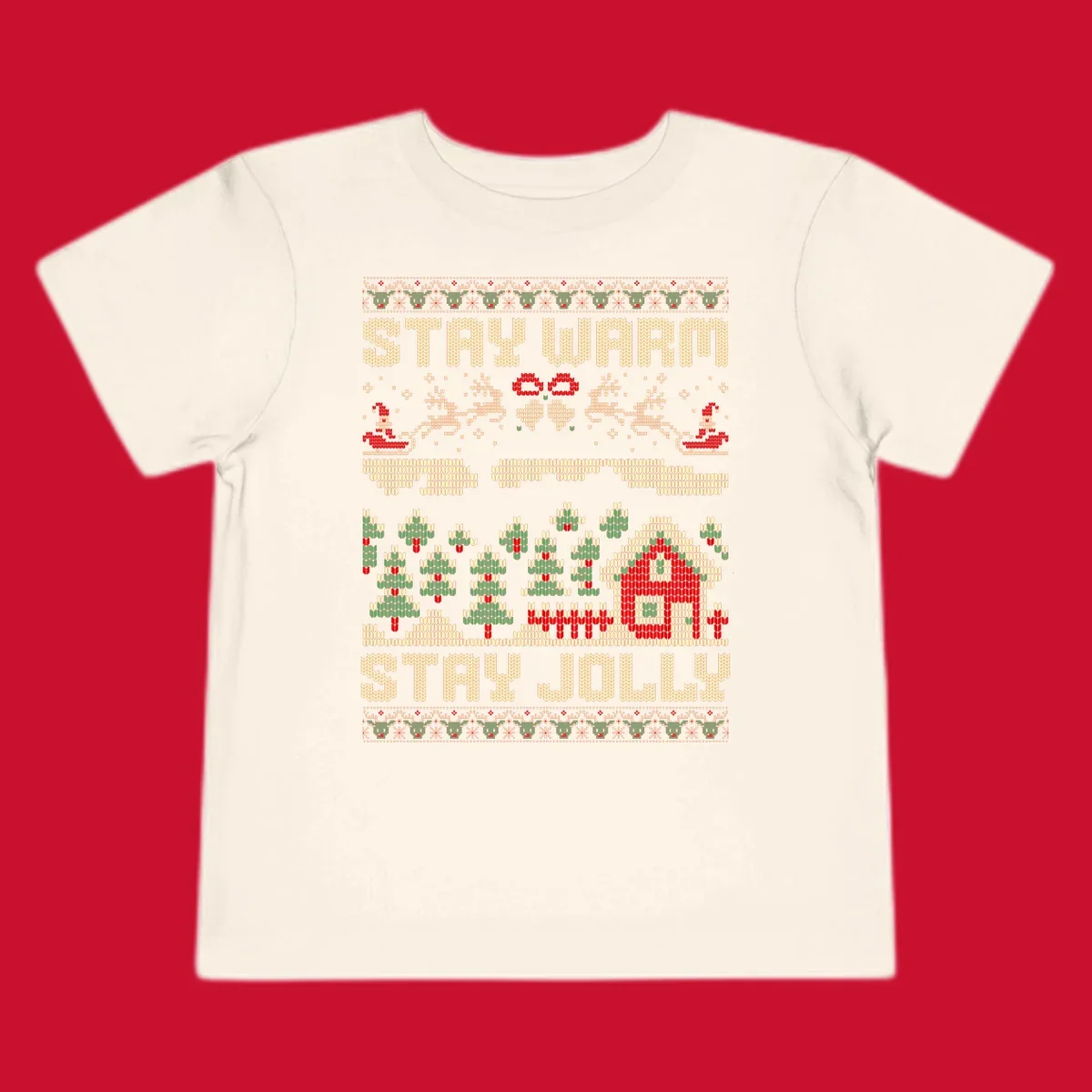 Ugly Christmas sweater style design with 'STAY WARM' and 'STAY JOLLY' text, Santa, reindeer, and trees.