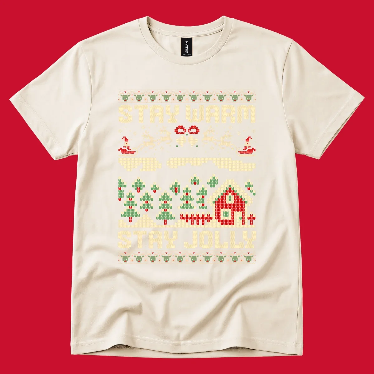 Ugly Christmas sweater style design with 'STAY WARM' and 'STAY JOLLY' text, Santa, reindeer, and trees.