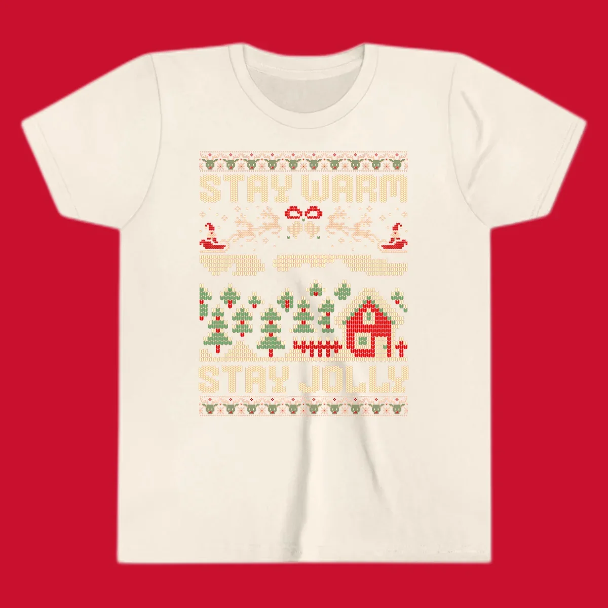 Ugly Christmas sweater style design with 'STAY WARM' and 'STAY JOLLY' text, Santa, reindeer, and trees.