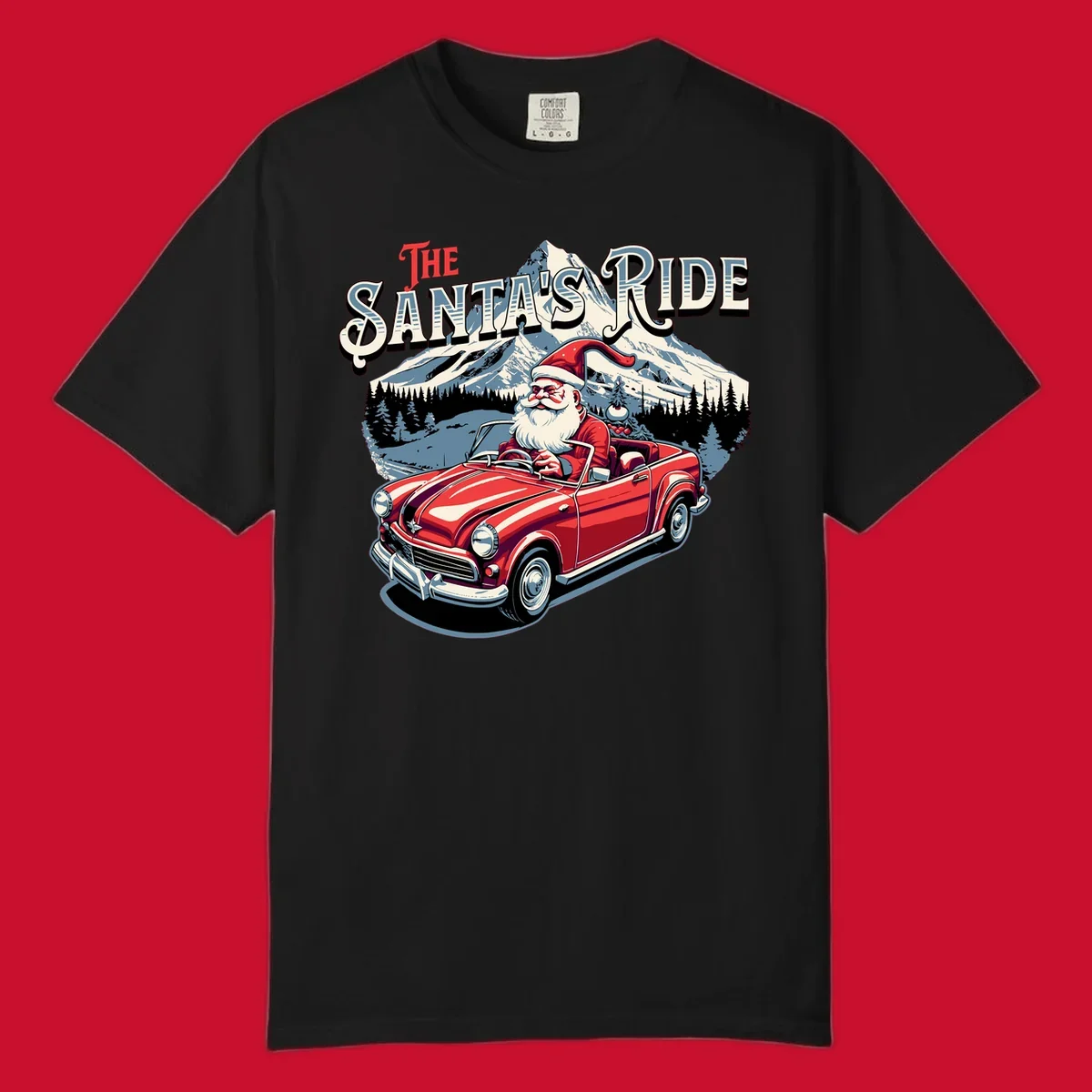 Santa Claus driving a red convertible with snowy mountains behind, "The Santa's Ride" text.