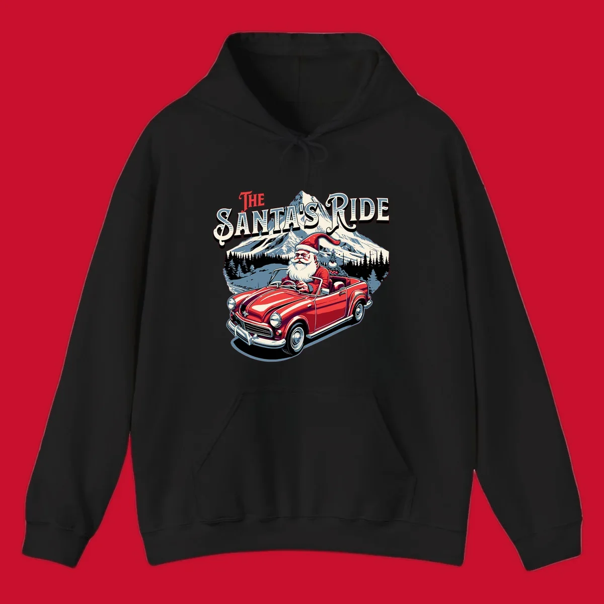 Santa Claus driving a red convertible with snowy mountains behind, "The Santa's Ride" text.
