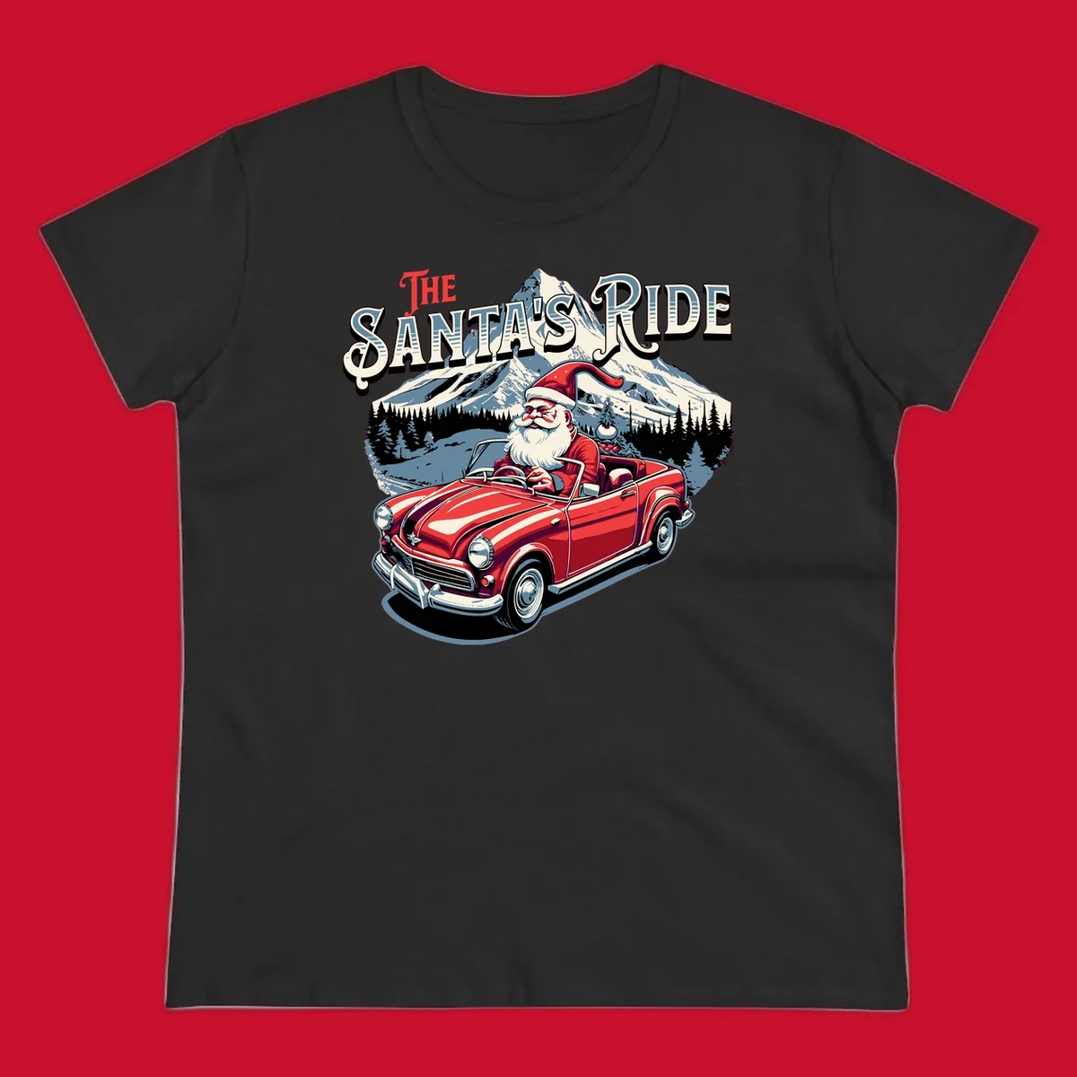 Santa Claus driving a red convertible with snowy mountains behind, "The Santa's Ride" text.