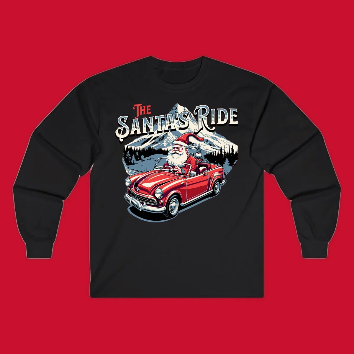 Santa Claus driving a red convertible with snowy mountains behind, "The Santa's Ride" text.