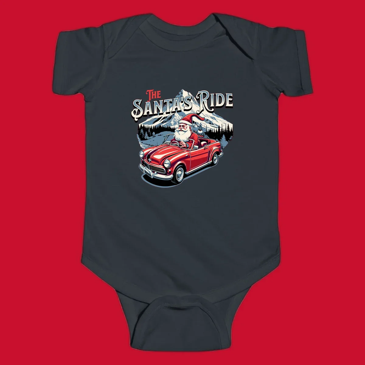 Santa Claus driving a red convertible with snowy mountains behind, "The Santa's Ride" text.