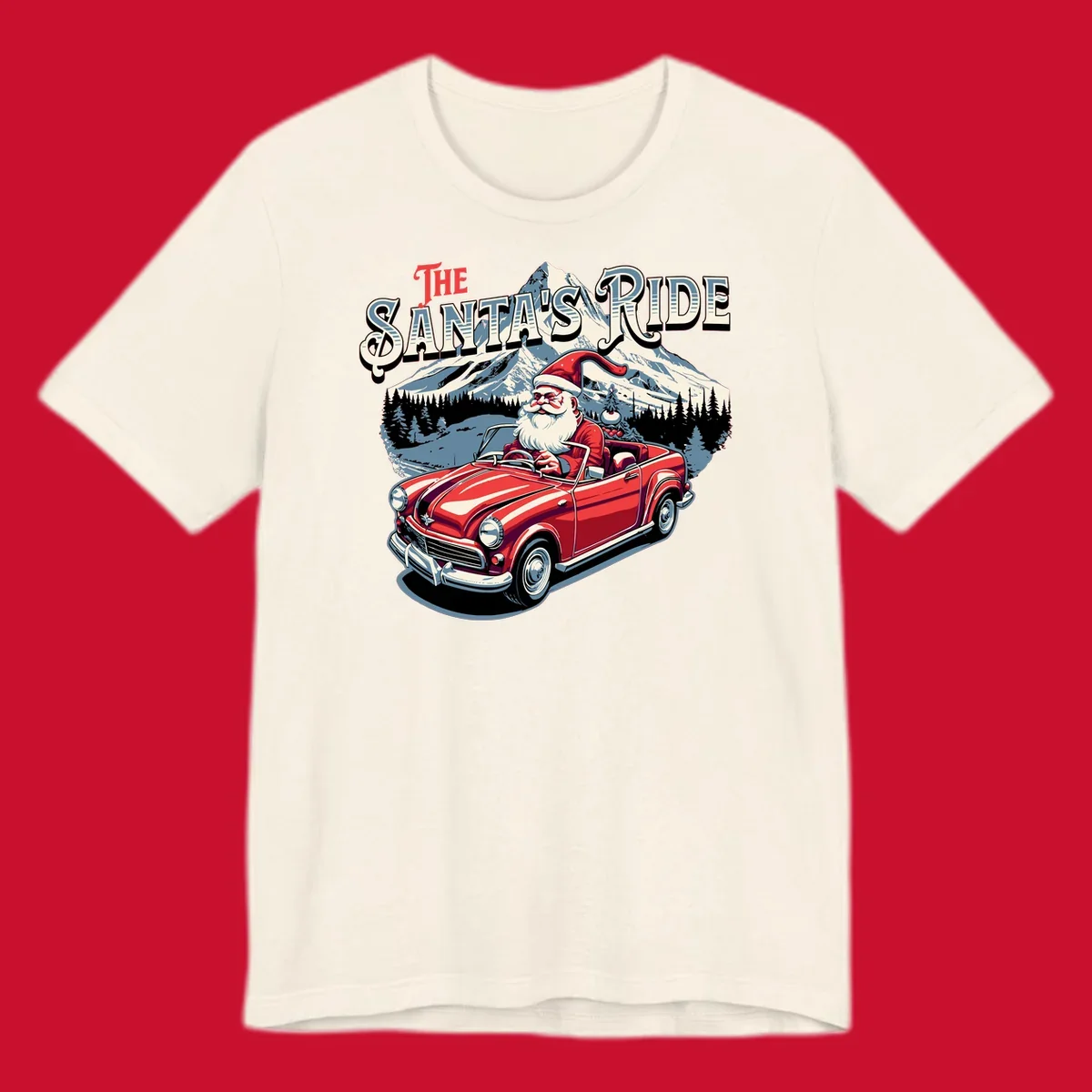 Santa Claus driving a red convertible with snowy mountains behind, "The Santa's Ride" text.