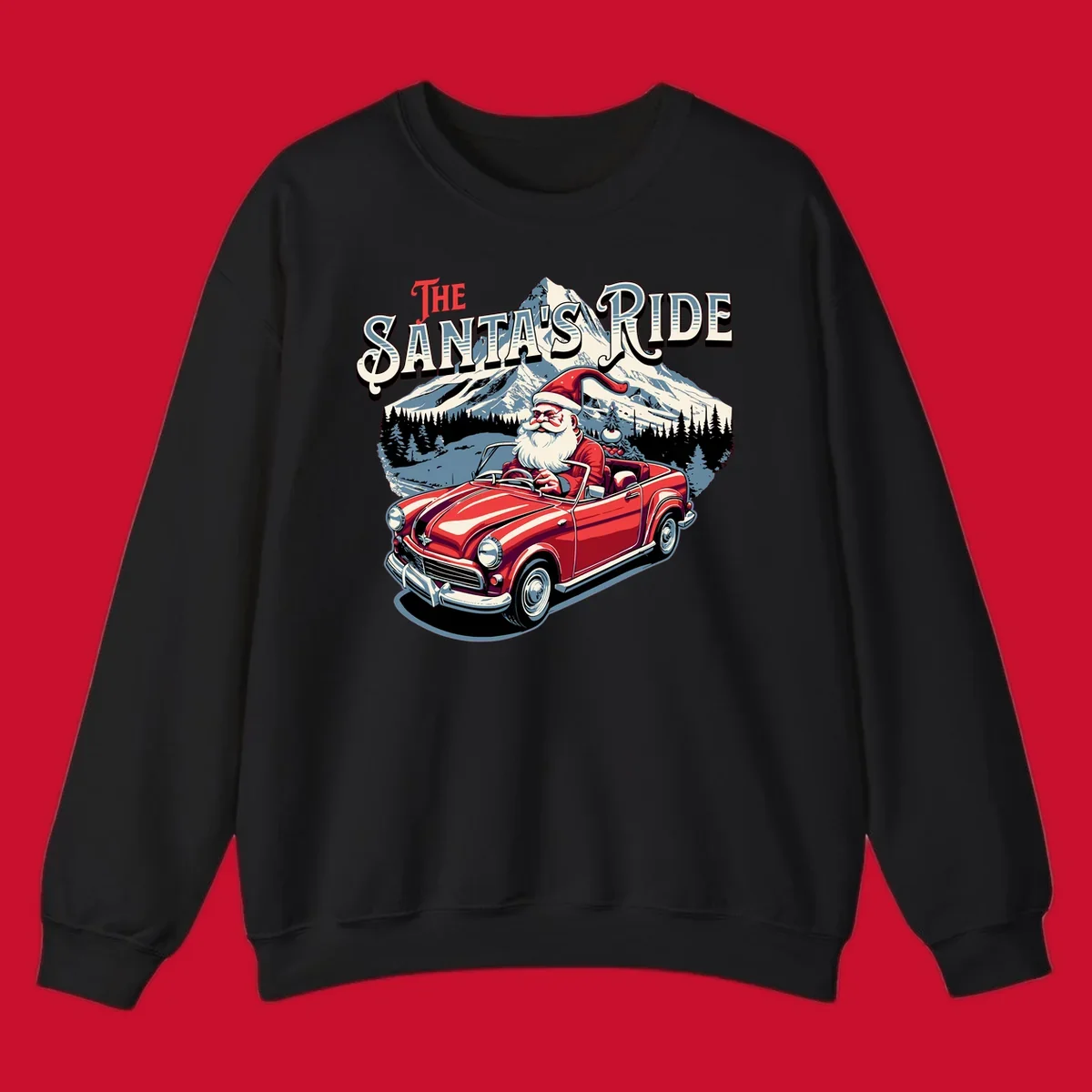 Santa Claus driving a red convertible with snowy mountains behind, "The Santa's Ride" text.