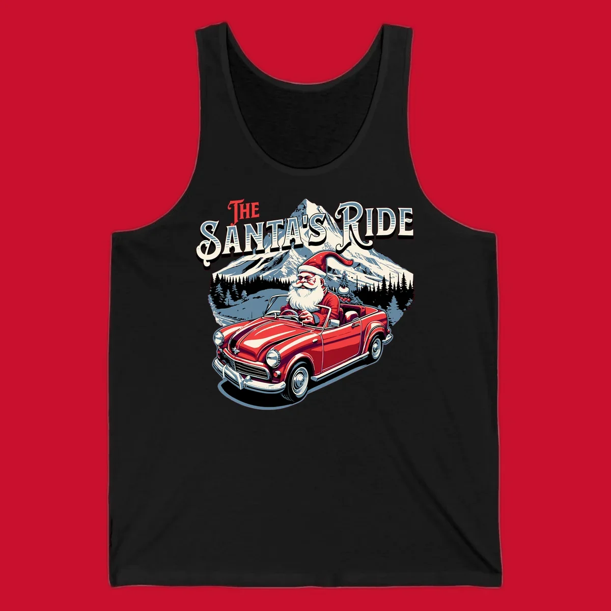 Santa Claus driving a red convertible with snowy mountains behind, "The Santa's Ride" text.