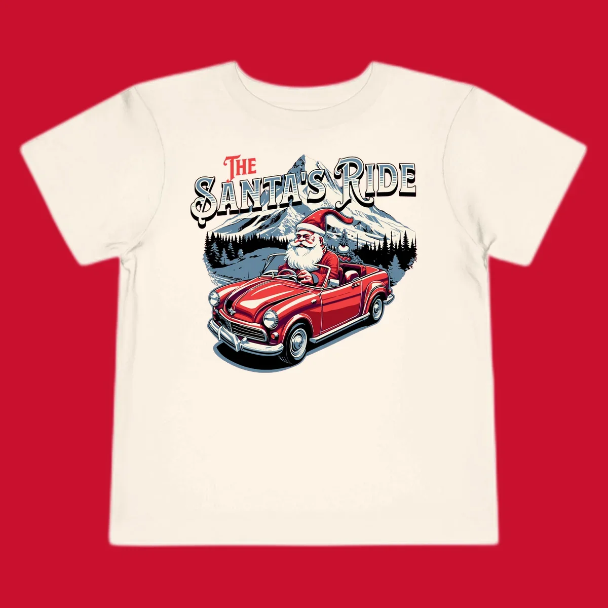 Santa Claus driving a red convertible with snowy mountains behind, "The Santa's Ride" text.