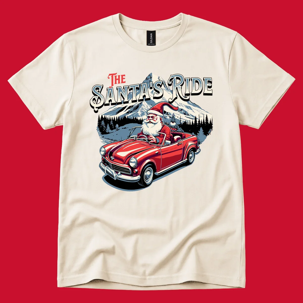 Santa Claus driving a red convertible with snowy mountains behind, "The Santa's Ride" text.