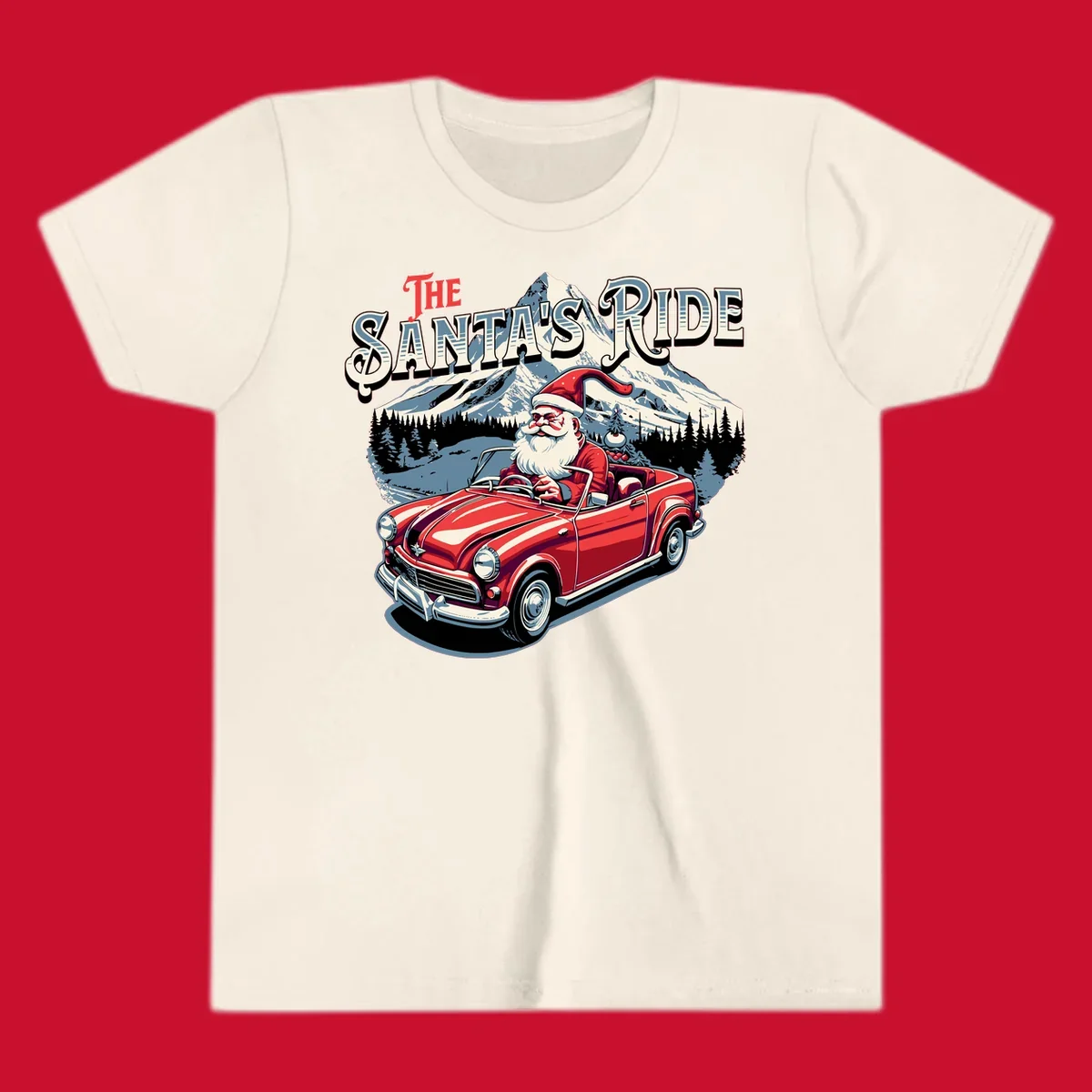 Santa Claus driving a red convertible with snowy mountains behind, "The Santa's Ride" text.
