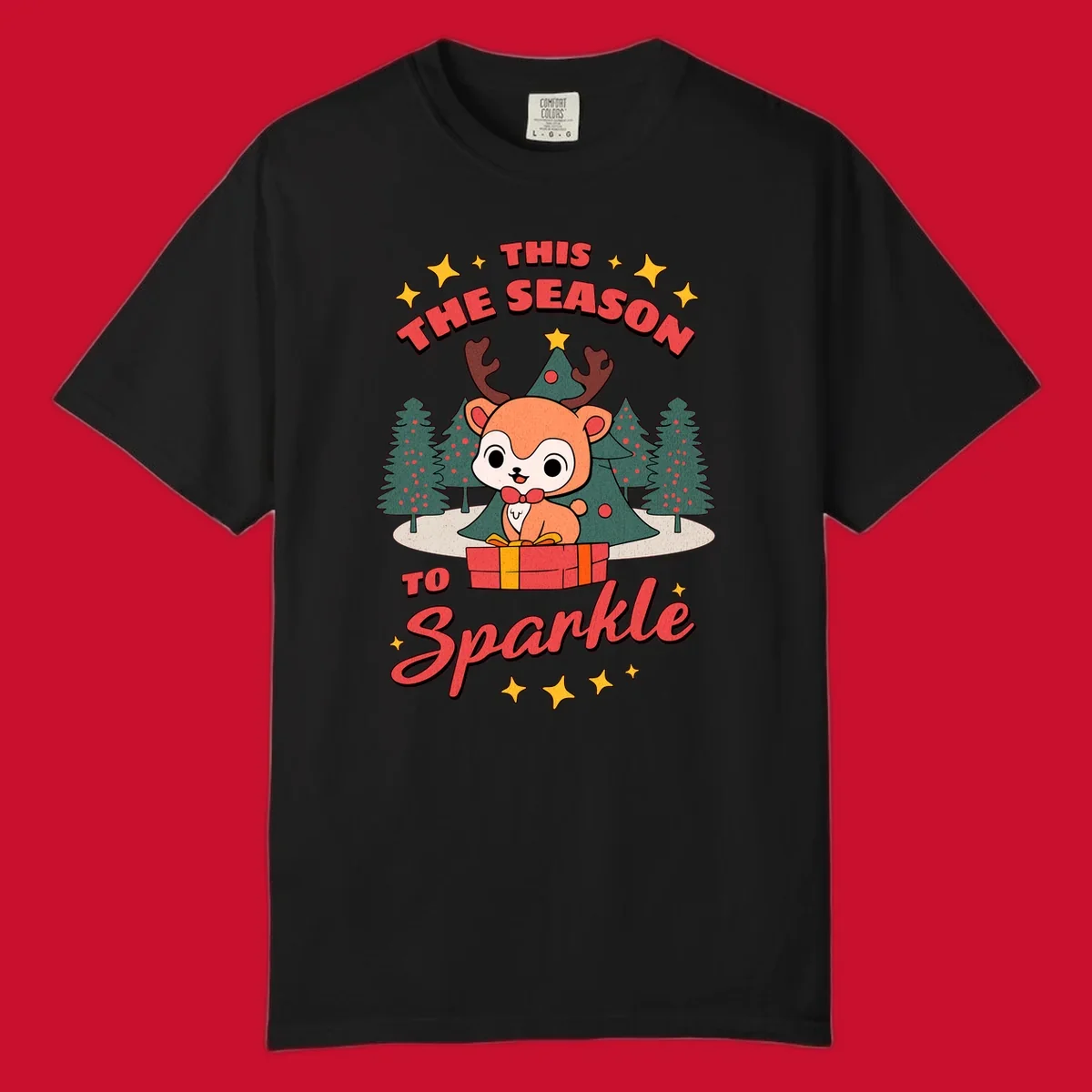 Illustration of a cute reindeer on a gift with text 'This Season To Sparkle', for a reindeer sparkle christmas design.