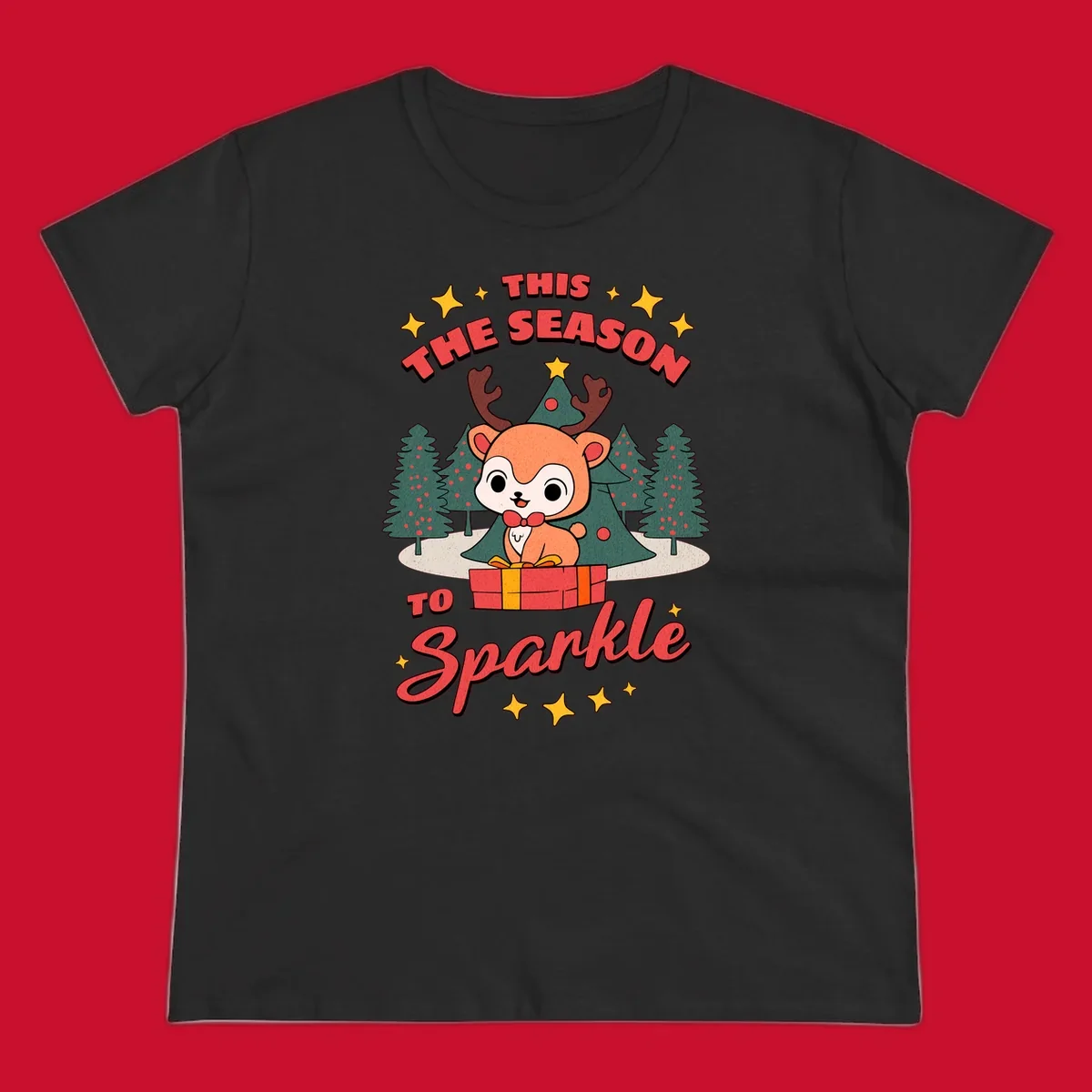 Illustration of a cute reindeer on a gift with text 'This Season To Sparkle', for a reindeer sparkle christmas design.