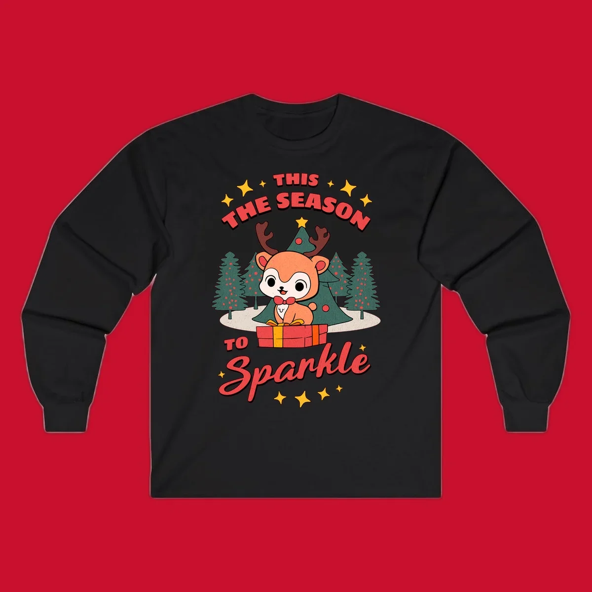 Illustration of a cute reindeer on a gift with text 'This Season To Sparkle', for a reindeer sparkle christmas design.