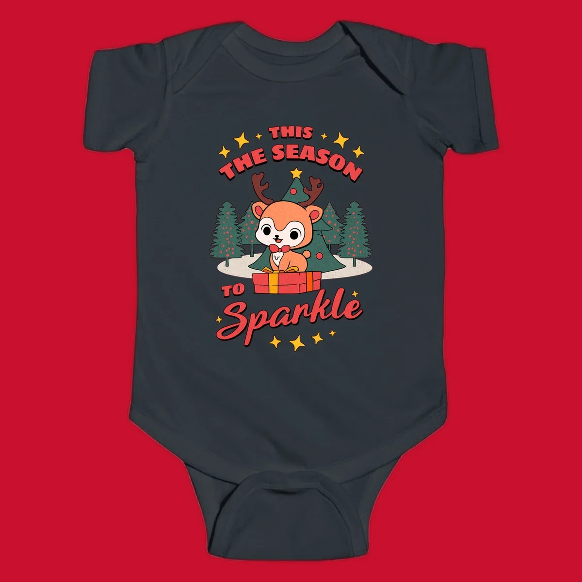 Illustration of a cute reindeer on a gift with text 'This Season To Sparkle', for a reindeer sparkle christmas design.