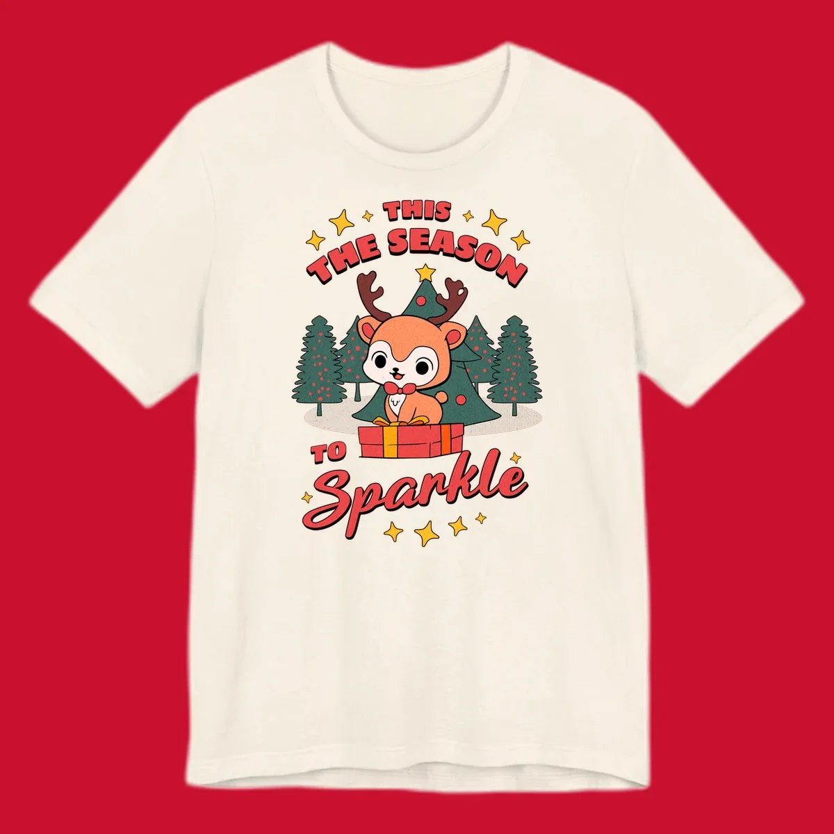 Illustration of a cute reindeer on a gift with text 'This Season To Sparkle', for a reindeer sparkle christmas design.