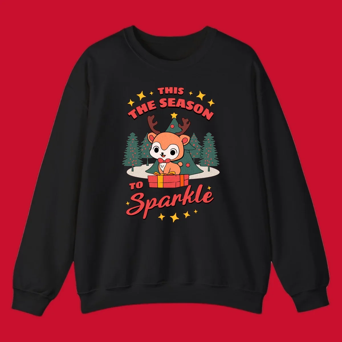 Illustration of a cute reindeer on a gift with text 'This Season To Sparkle', for a reindeer sparkle christmas design.