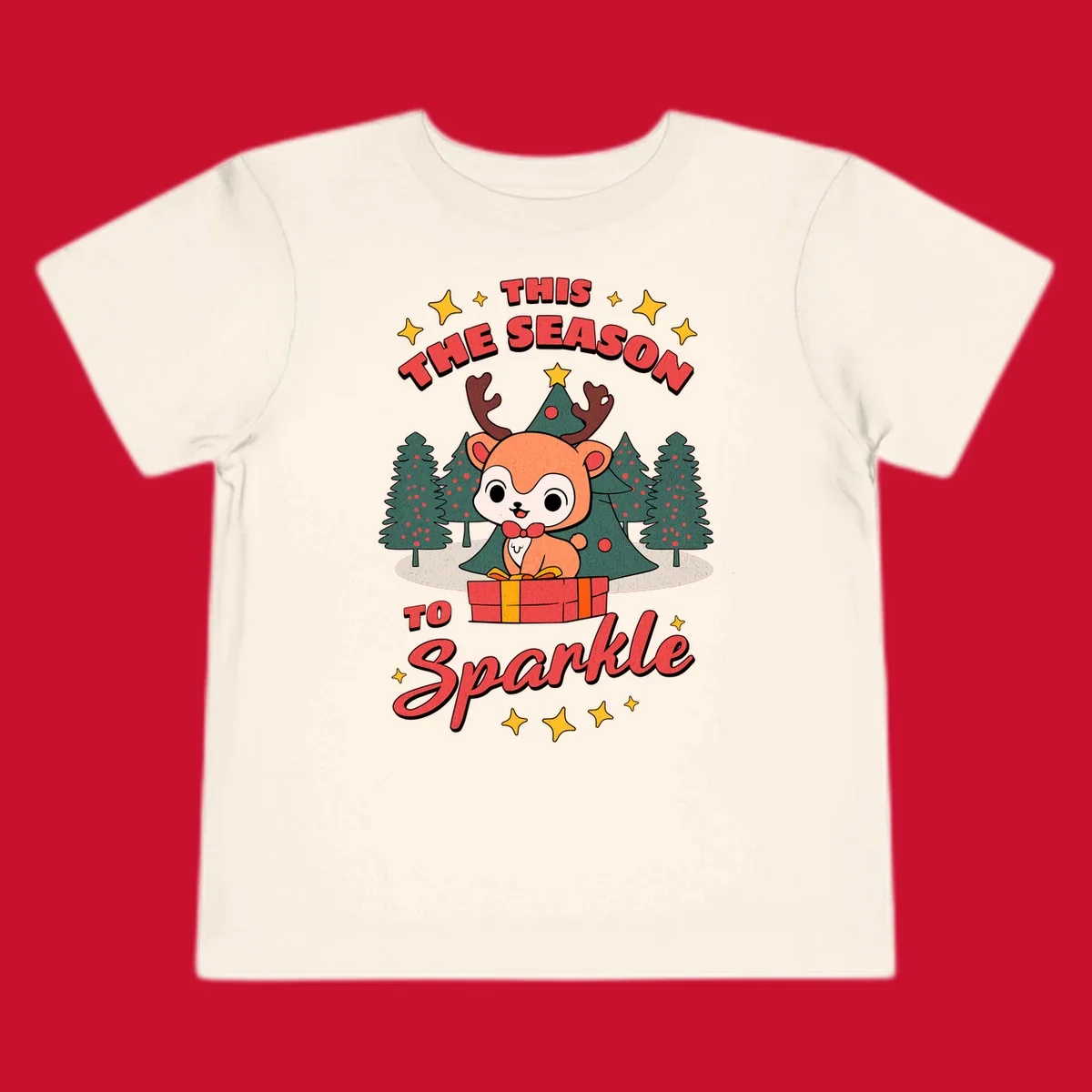 Illustration of a cute reindeer on a gift with text 'This Season To Sparkle', for a reindeer sparkle christmas design.