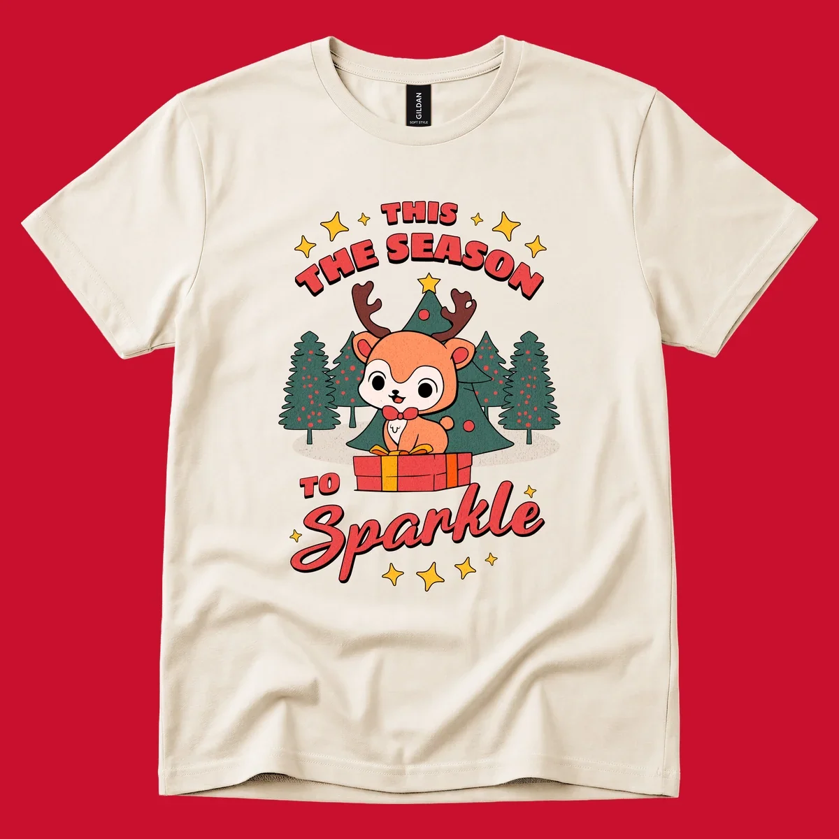 Illustration of a cute reindeer on a gift with text 'This Season To Sparkle', for a reindeer sparkle christmas design.