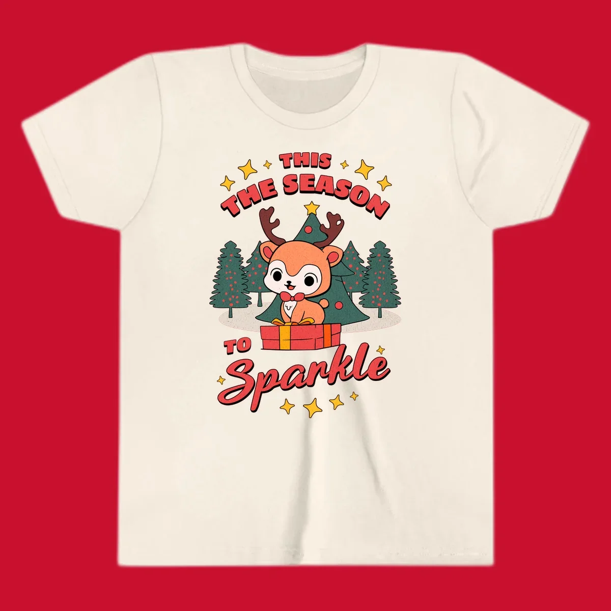 Illustration of a cute reindeer on a gift with text 'This Season To Sparkle', for a reindeer sparkle christmas design.