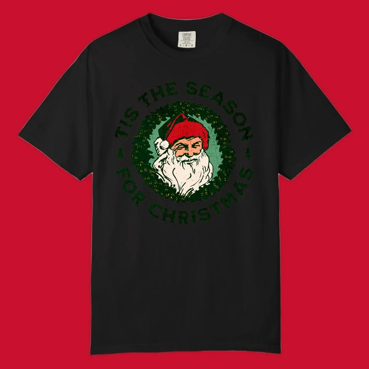 Santa Claus and 'Tis The Season For Christmas text with wreath graphic