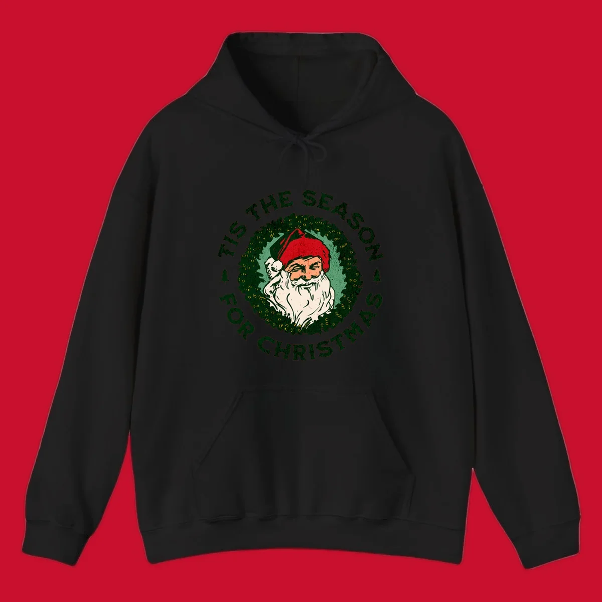 Santa Claus and 'Tis The Season For Christmas text with wreath graphic