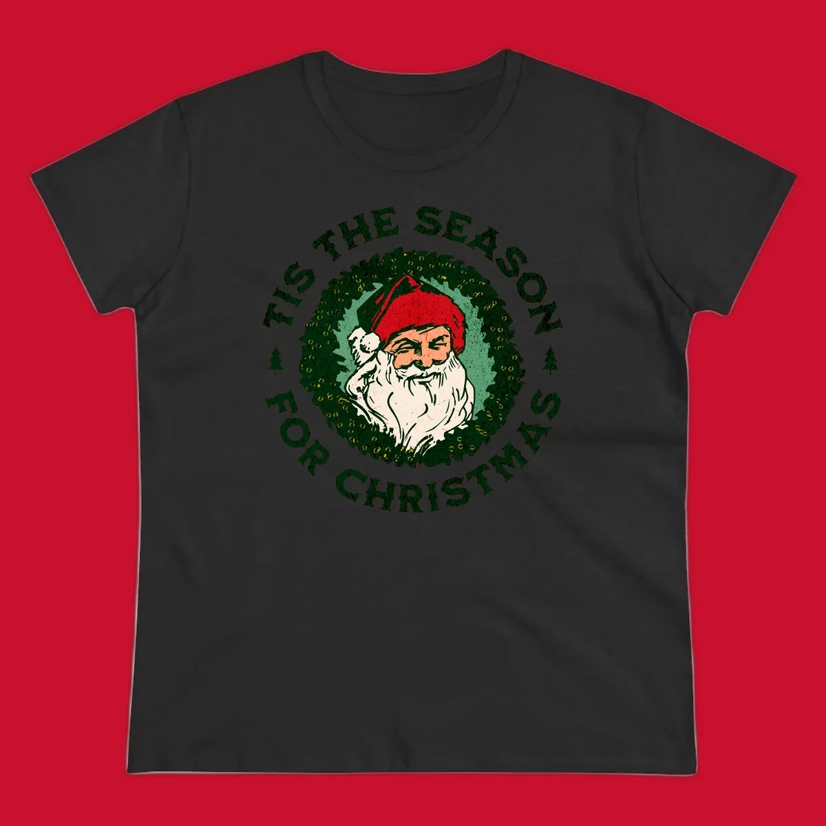 Santa Claus and 'Tis The Season For Christmas text with wreath graphic