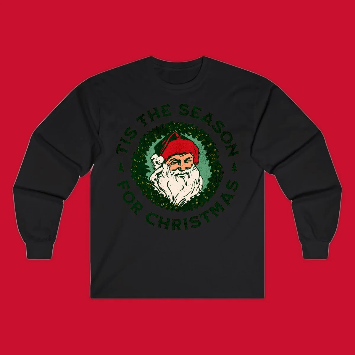 Santa Claus and 'Tis The Season For Christmas text with wreath graphic