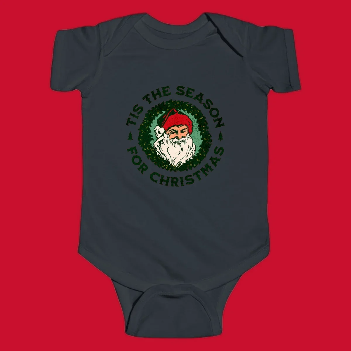 Santa Claus and 'Tis The Season For Christmas text with wreath graphic