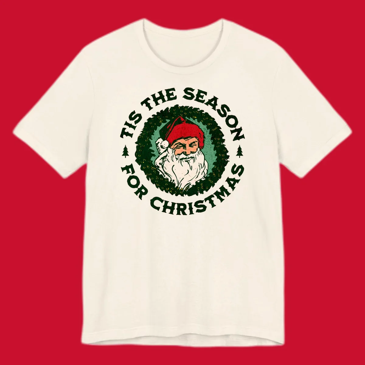 Santa Claus and 'Tis The Season For Christmas text with wreath graphic
