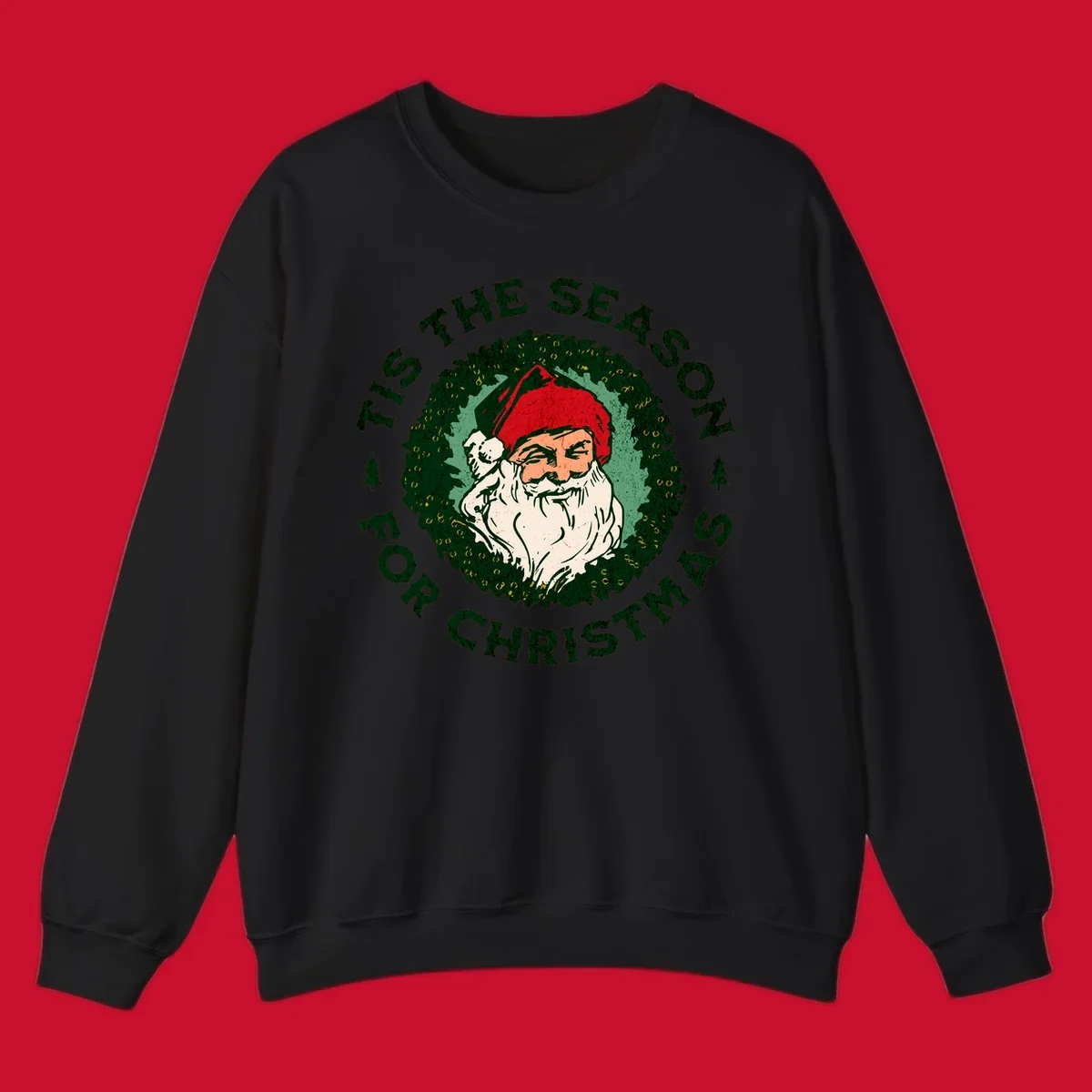 Santa Claus and 'Tis The Season For Christmas text with wreath graphic