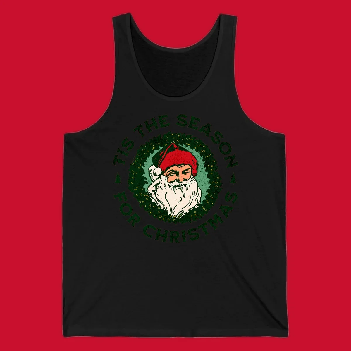 Santa Claus and 'Tis The Season For Christmas text with wreath graphic